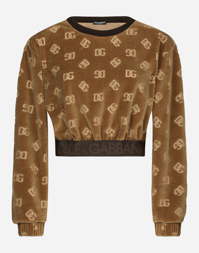Sweatshirt Dolce & Gabbana Short Chenille Sweatshirt With Jacquard Dg Logo Barna | F9R09TFJ7DLM2366