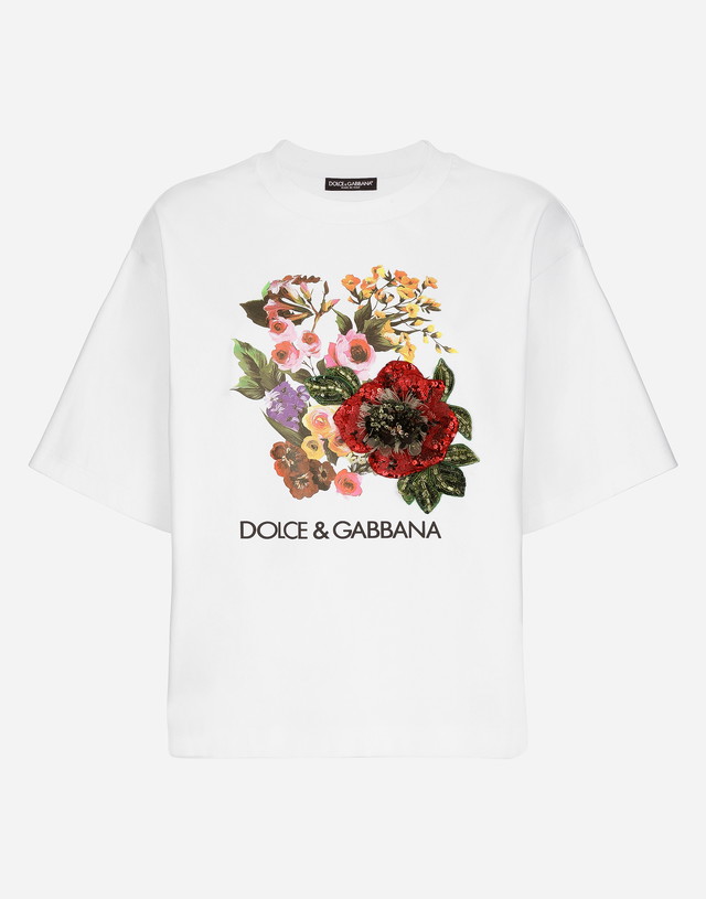 Póló Dolce & Gabbana Jersey T-shirt With Print And Floral Embroidery Fehér | F8U74ZGDCBJW0800